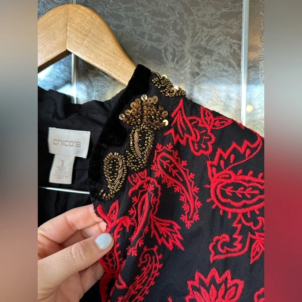Chico’s Jacket Sz 1 Black Red Embroidered Floral gold Beads 3/4 length sleeves